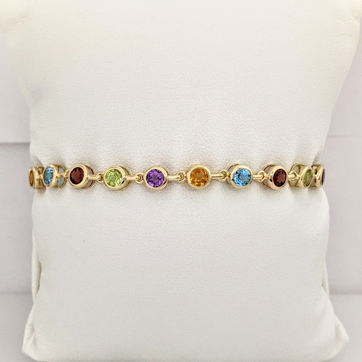 14K PERIDOT, AMETHYST, CITRINE, BLUE TOPAZ, GARNET ROUND 4MM (20) BEZEL ESTATE BRACELET 7.0 GRAMS