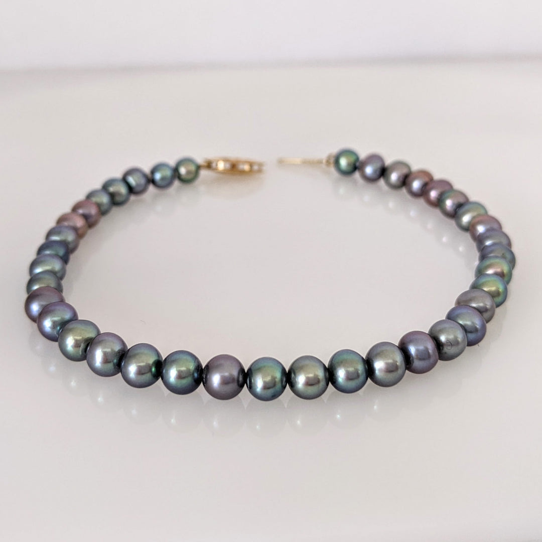 14K DYED BLACK PEARL ROUND 5MM ESTATE BRACELET 6.5 GRAM