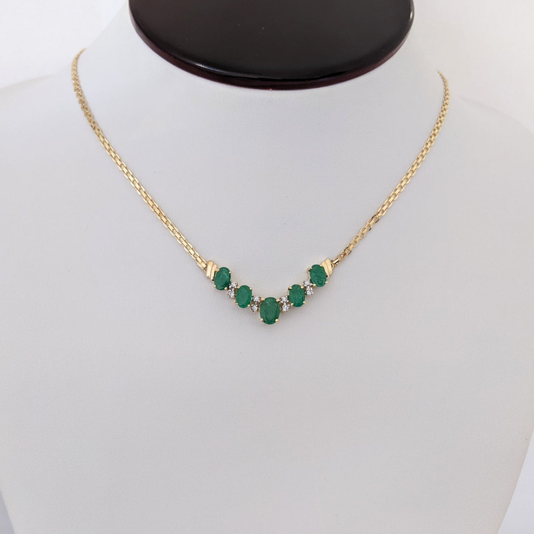 14K EMERALD OVAL 5X7 (1) 4X6 (4) WITH MELEE ESTATE NECKLACE 5.9 GRAMS