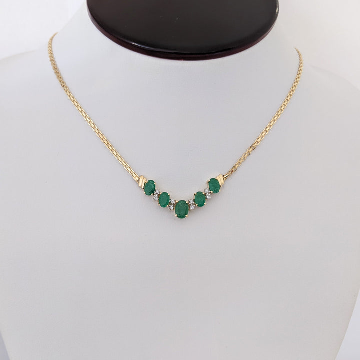 14K EMERALD OVAL 5X7 (1) 4X6 (4) WITH MELEE ESTATE NECKLACE 5.9 GRAMS
