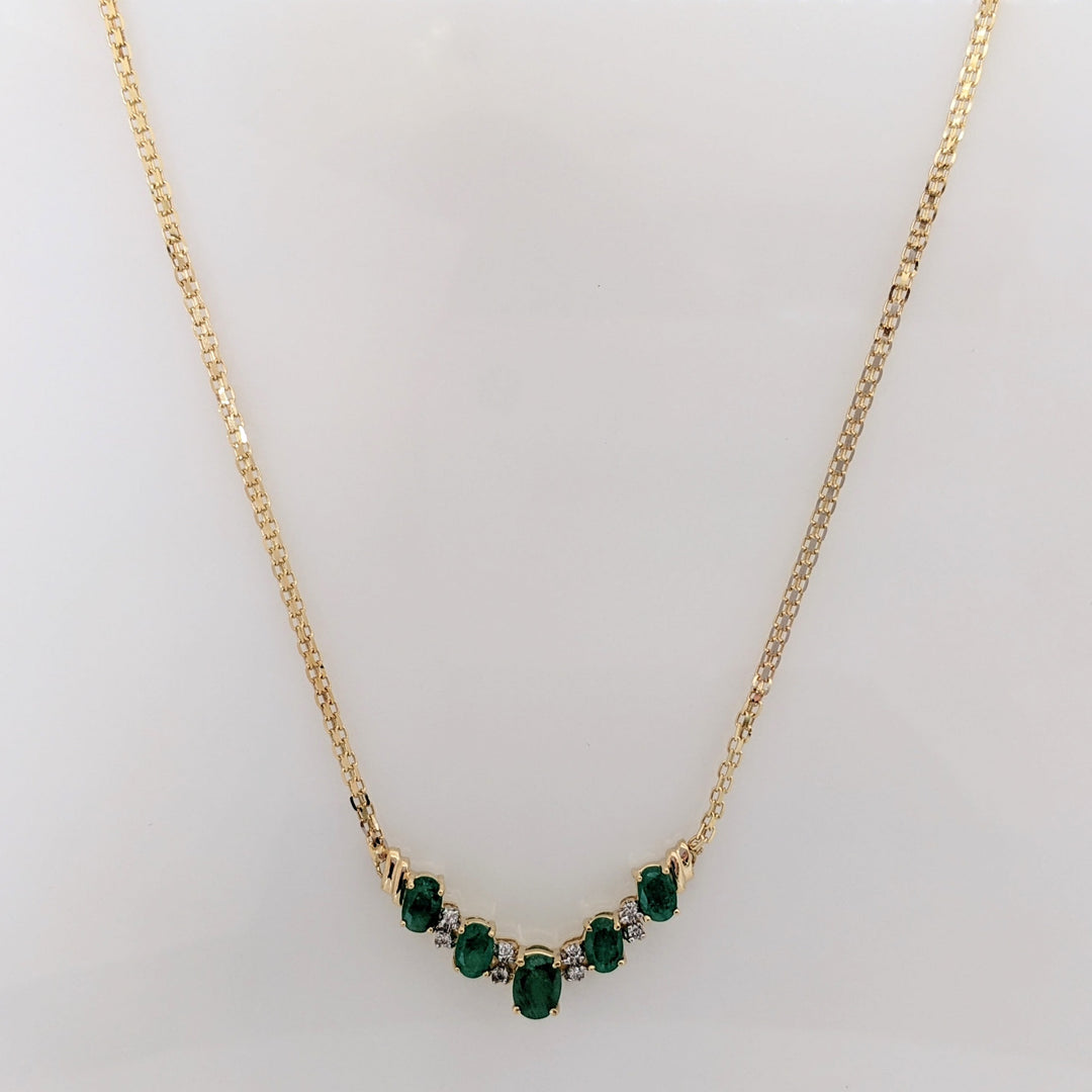 14K EMERALD OVAL 5X7 (1) 4X6 (4) WITH MELEE ESTATE NECKLACE 5.9 GRAMS