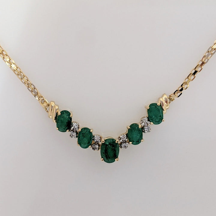 14K EMERALD OVAL 5X7 (1) 4X6 (4) WITH MELEE ESTATE NECKLACE 5.9 GRAMS