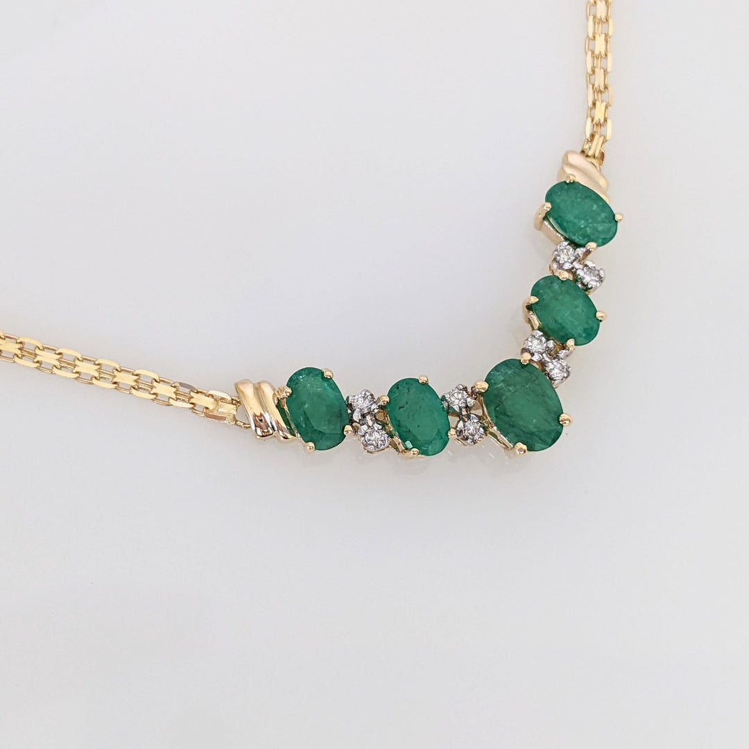 14K EMERALD OVAL 5X7 (1) 4X6 (4) WITH MELEE ESTATE NECKLACE 5.9 GRAMS