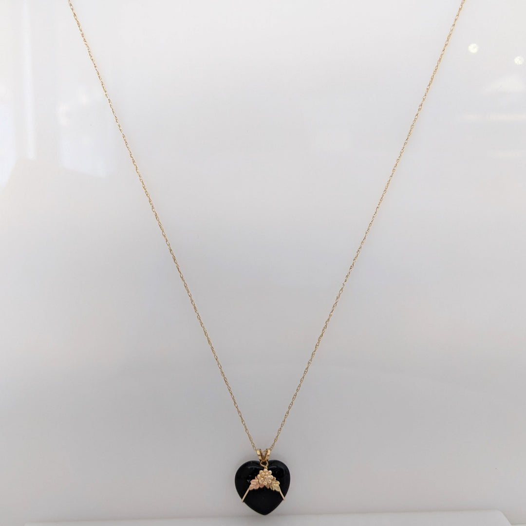 10K ONYX HEART 16MM WITH LEAF ESTATE PENDANT & CHAIN 2.7 GRAMS