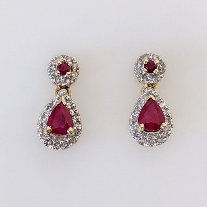 10K RUBY PEAR 4X6 ROUND 2MM WITH MELEE ESTATE DANGLE EARRINGS 2.5 GRAMS