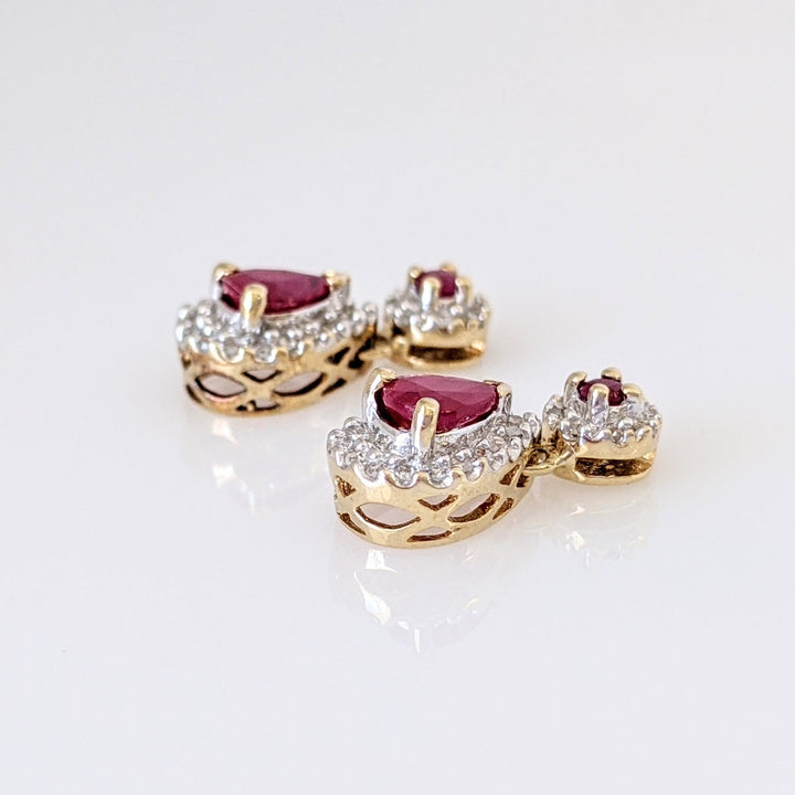 10K RUBY PEAR 4X6 ROUND 2MM WITH MELEE ESTATE DANGLE EARRINGS 2.5 GRAMS