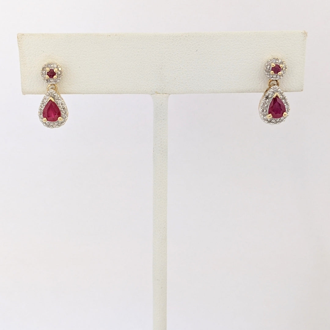 10K RUBY PEAR 4X6 ROUND 2MM WITH MELEE ESTATE DANGLE EARRINGS 2.5 GRAMS