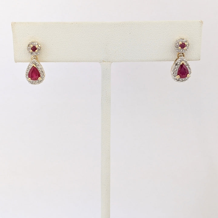 10K RUBY PEAR 4X6 ROUND 2MM WITH MELEE ESTATE DANGLE EARRINGS 2.5 GRAMS