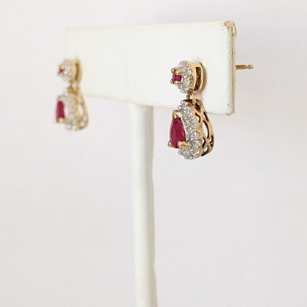 10K RUBY PEAR 4X6 ROUND 2MM WITH MELEE ESTATE DANGLE EARRINGS 2.5 GRAMS