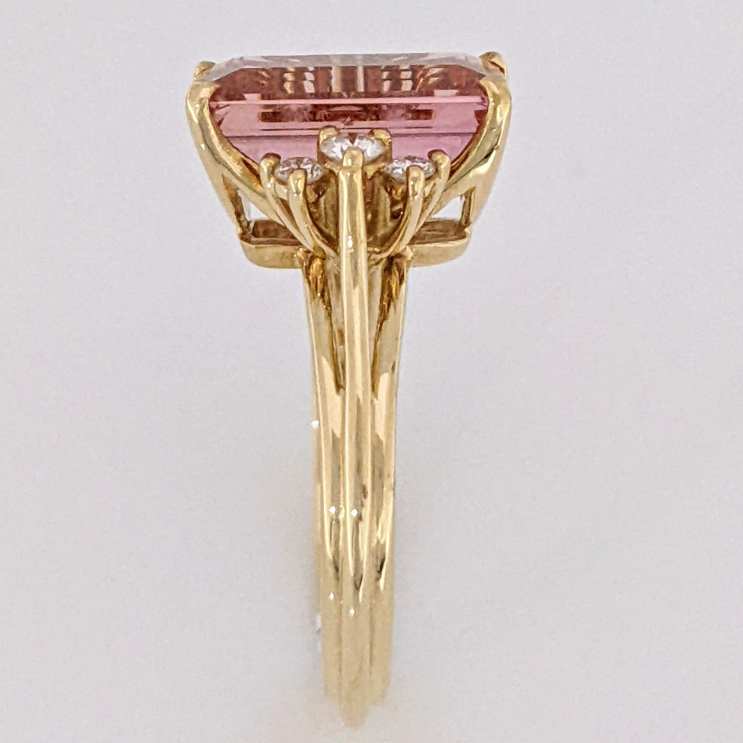 18K PINK TOPAZ EMERALD CUT 7X11 WITH .12 DIAMOND TOTAL WEIGHT (6) ROUND ESTATE RING 4.4 GRAMS