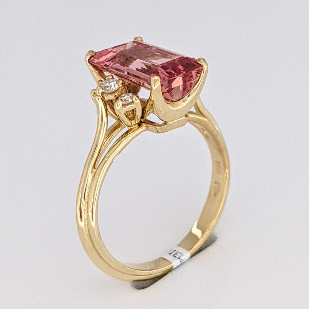 18K PINK TOPAZ EMERALD CUT 7X11 WITH .12 DIAMOND TOTAL WEIGHT (6) ROUND ESTATE RING 4.4 GRAMS