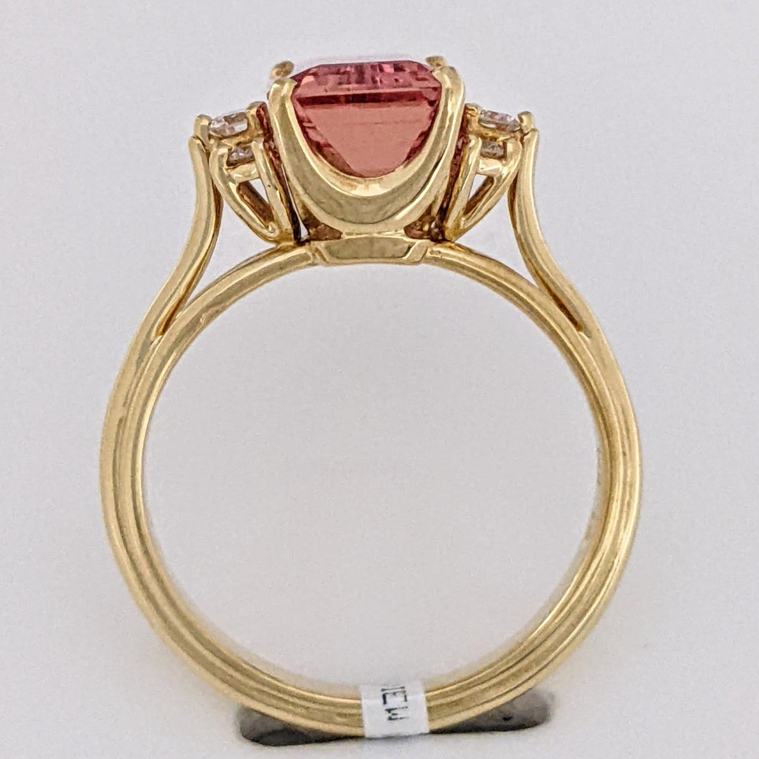 18K PINK TOPAZ EMERALD CUT 7X11 WITH .12 DIAMOND TOTAL WEIGHT (6) ROUND ESTATE RING 4.4 GRAMS