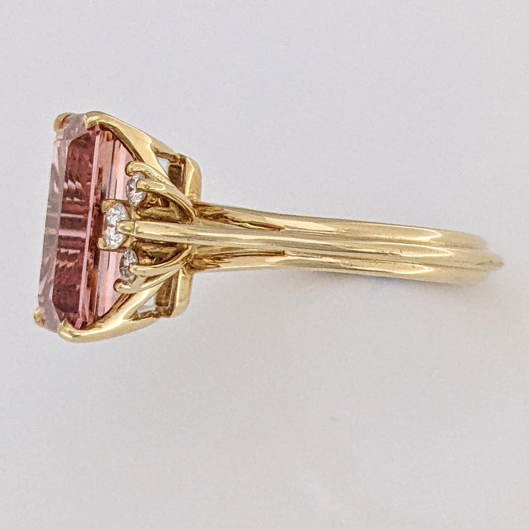 18K PINK TOPAZ EMERALD CUT 7X11 WITH .12 DIAMOND TOTAL WEIGHT (6) ROUND ESTATE RING 4.4 GRAMS