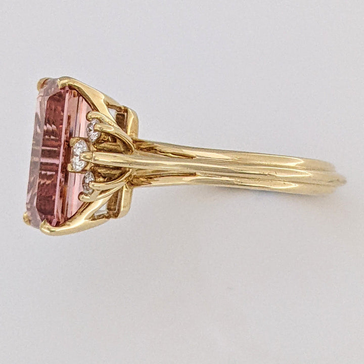 18K PINK TOPAZ EMERALD CUT 7X11 WITH .12 DIAMOND TOTAL WEIGHT (6) ROUND ESTATE RING 4.4 GRAMS