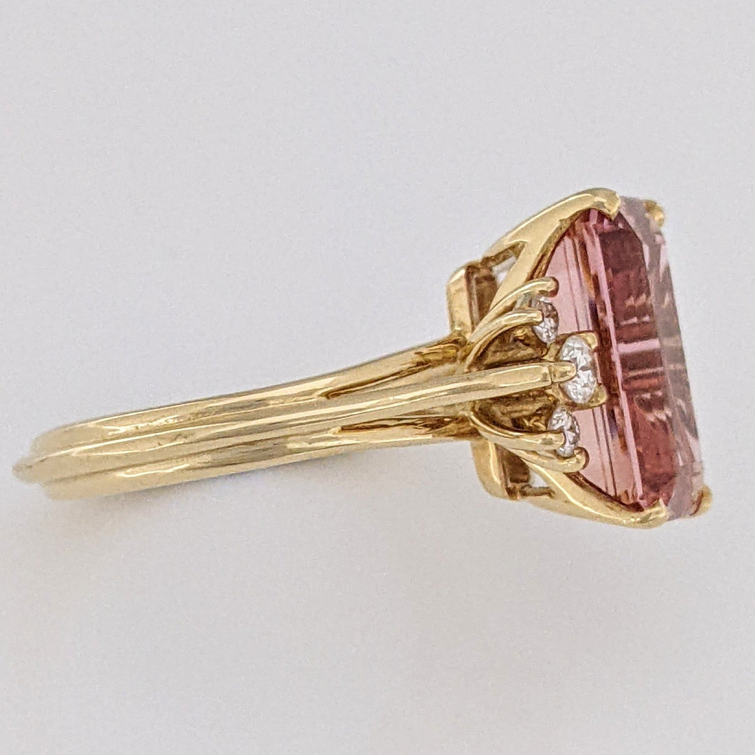 18K PINK TOPAZ EMERALD CUT 7X11 WITH .12 DIAMOND TOTAL WEIGHT (6) ROUND ESTATE RING 4.4 GRAMS