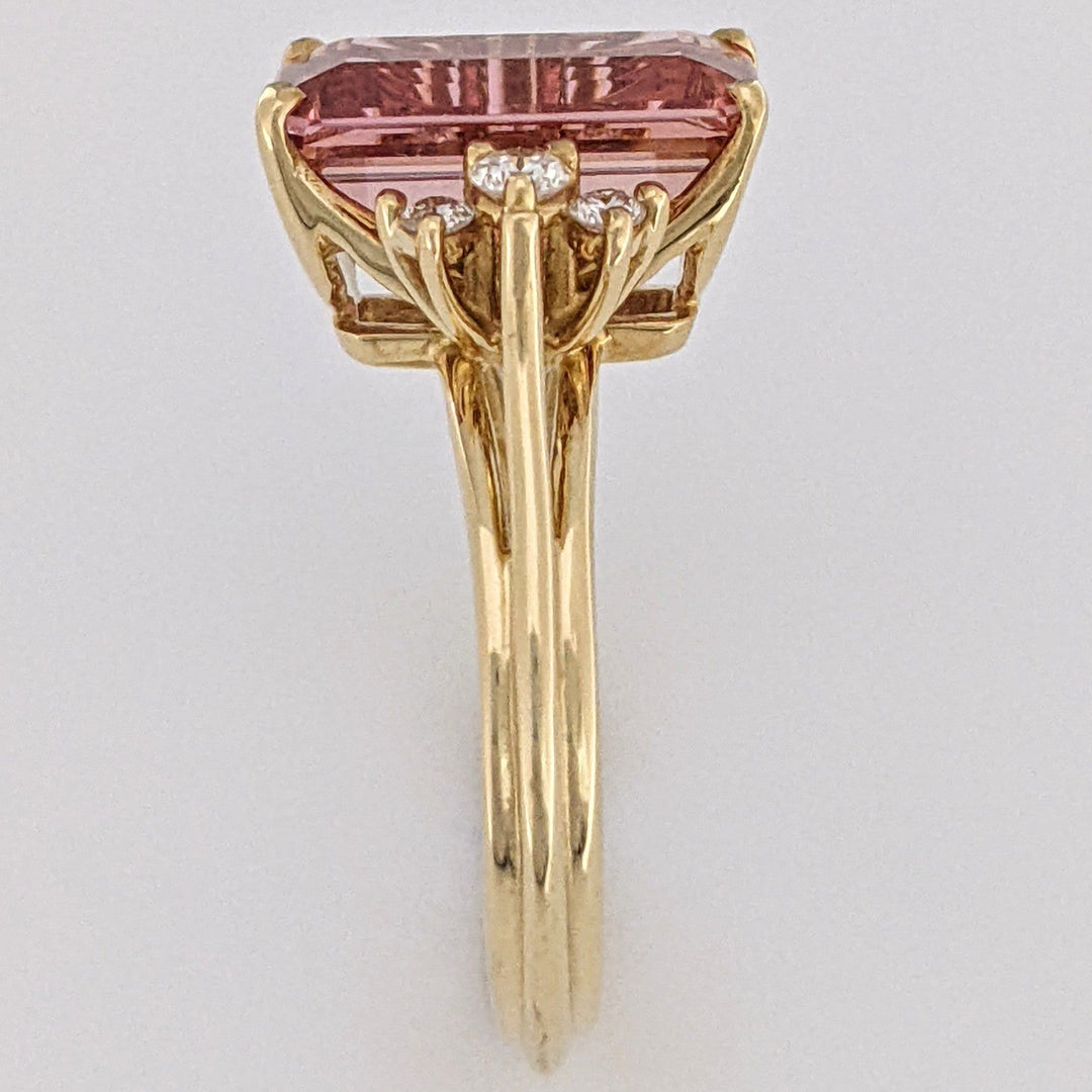18K PINK TOPAZ EMERALD CUT 7X11 WITH .12 DIAMOND TOTAL WEIGHT (6) ROUND ESTATE RING 4.4 GRAMS