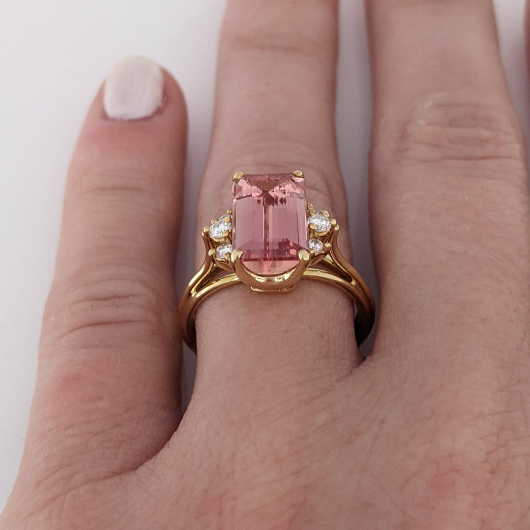 18K PINK TOPAZ EMERALD CUT 7X11 WITH .12 DIAMOND TOTAL WEIGHT (6) ROUND ESTATE RING 4.4 GRAMS