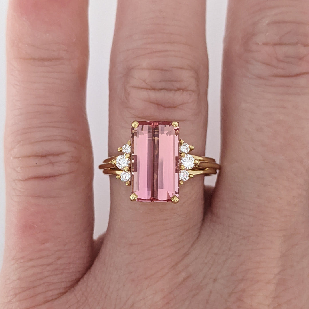 18K PINK TOPAZ EMERALD CUT 7X11 WITH .12 DIAMOND TOTAL WEIGHT (6) ROUND ESTATE RING 4.4 GRAMS