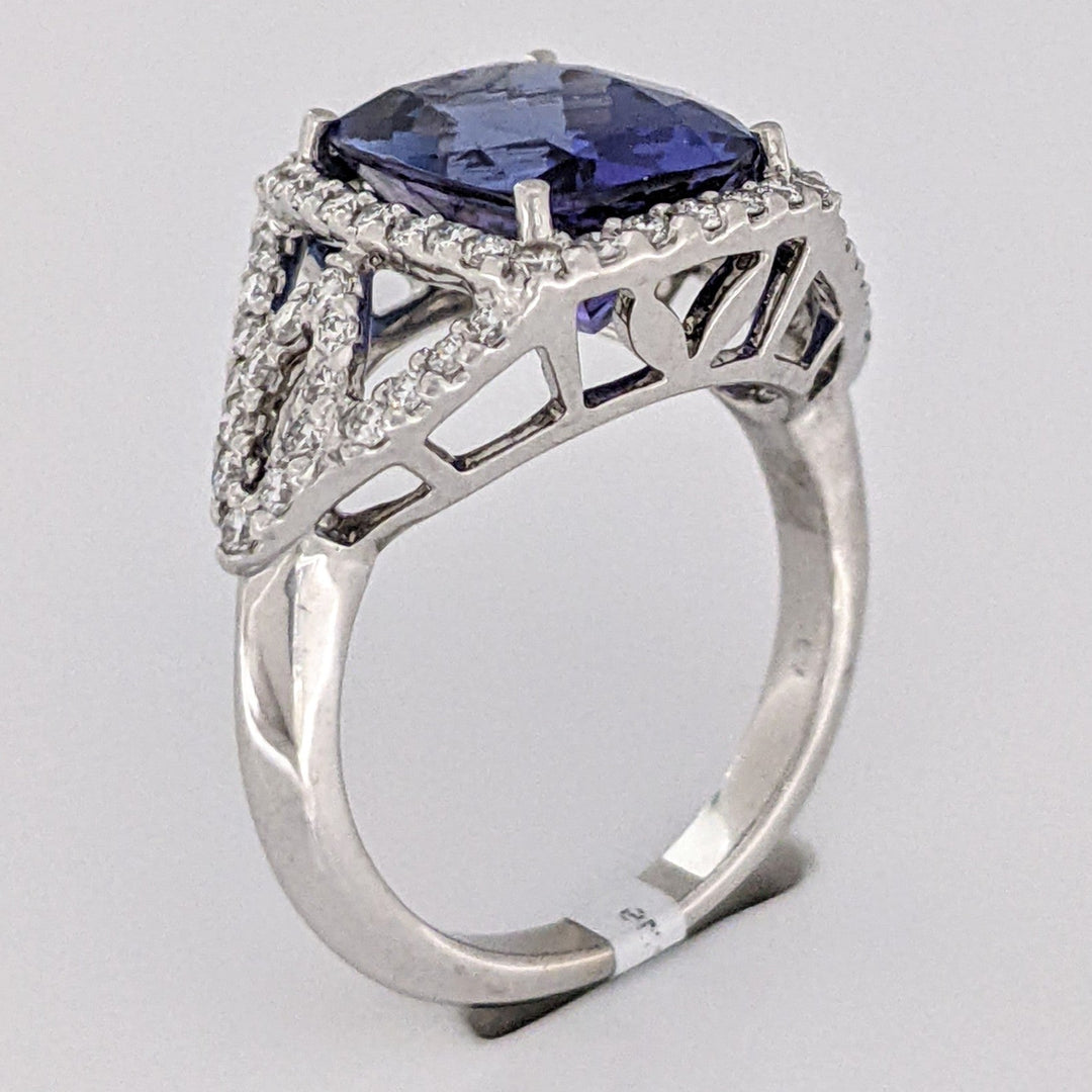 14K WHITE TANZANITE "AA" CUSHION CUT 9X11 WITH .52 DIAMOND TOTAL WEIGHT ESTATE RING 5.3 GRAMS