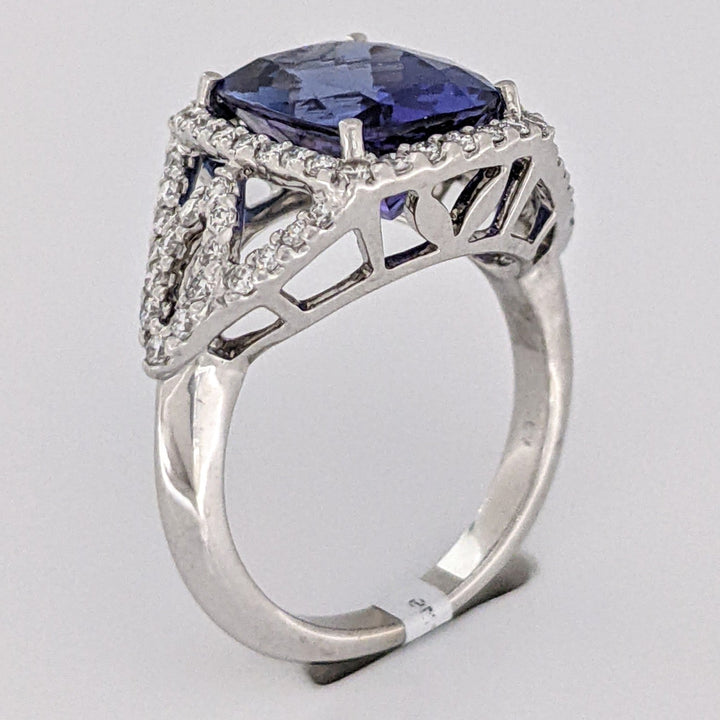 14K WHITE TANZANITE "AA" CUSHION CUT 9X11 WITH .52 DIAMOND TOTAL WEIGHT ESTATE RING 5.3 GRAMS
