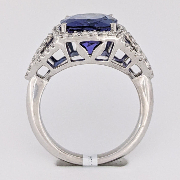 14K WHITE TANZANITE "AA" CUSHION CUT 9X11 WITH .52 DIAMOND TOTAL WEIGHT ESTATE RING 5.3 GRAMS