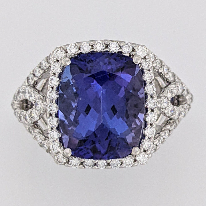 14K WHITE TANZANITE "AA" CUSHION CUT 9X11 WITH .52 DIAMOND TOTAL WEIGHT ESTATE RING 5.3 GRAMS
