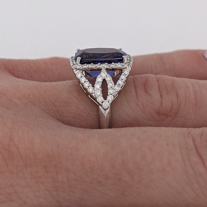14K WHITE TANZANITE "AA" CUSHION CUT 9X11 WITH .52 DIAMOND TOTAL WEIGHT ESTATE RING 5.3 GRAMS