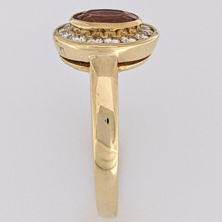 18K PINK TOURMALINE OVAL 5X7 WITH .20 DIAMOND TOTAL WEIGHT (14) ROUND HALO ESTATE RING 5.2 GRAMS
