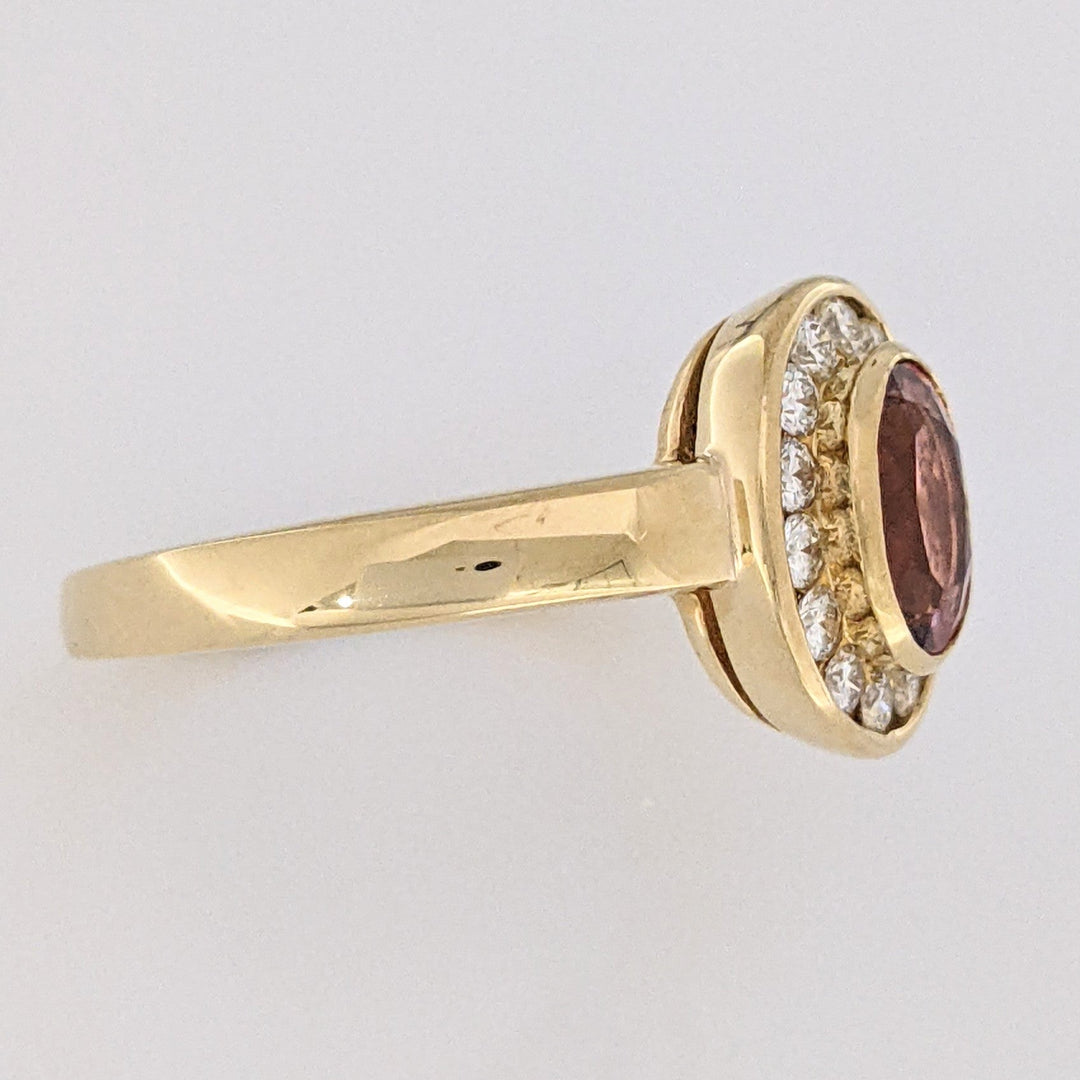18K PINK TOURMALINE OVAL 5X7 WITH .20 DIAMOND TOTAL WEIGHT (14) ROUND HALO ESTATE RING 5.2 GRAMS