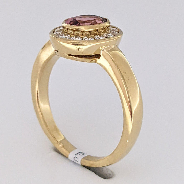 18K PINK TOURMALINE OVAL 5X7 WITH .20 DIAMOND TOTAL WEIGHT (14) ROUND HALO ESTATE RING 5.2 GRAMS