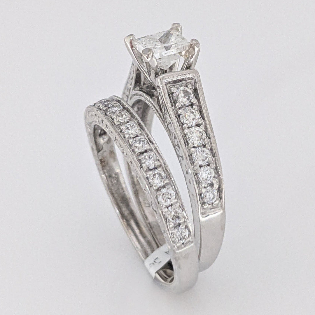14K WHITE 1.04 CARAT TOTAL WEIGHT I2 G DIAMOND PRINCESS CUT WITH (27) MELEE RING/ BAND ESTATE SET 5.9 GRAMS