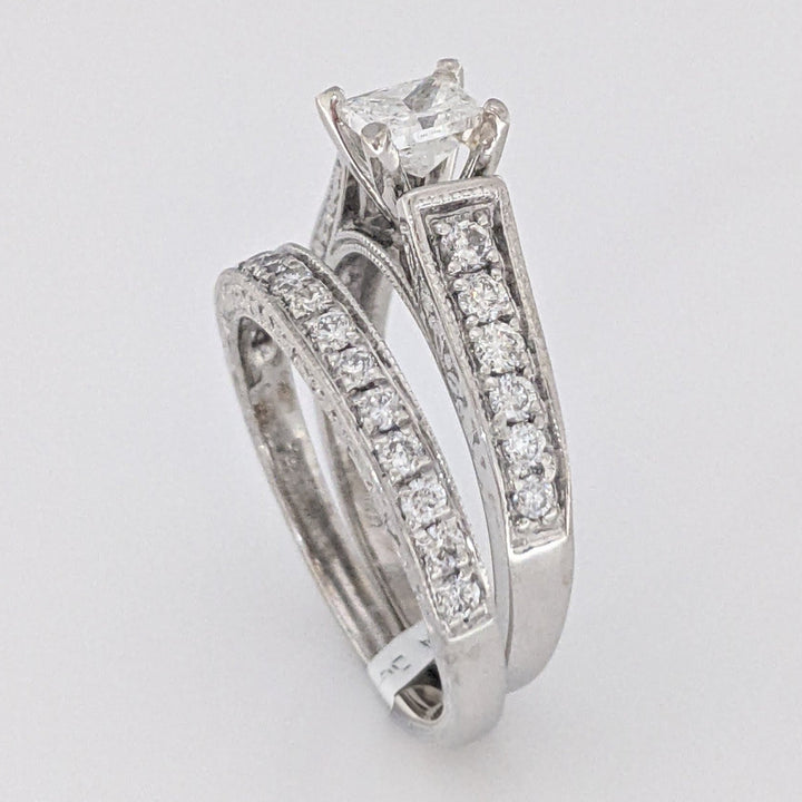 14K WHITE 1.04 CARAT TOTAL WEIGHT I2 G DIAMOND PRINCESS CUT WITH (27) MELEE RING/ BAND ESTATE SET 5.9 GRAMS