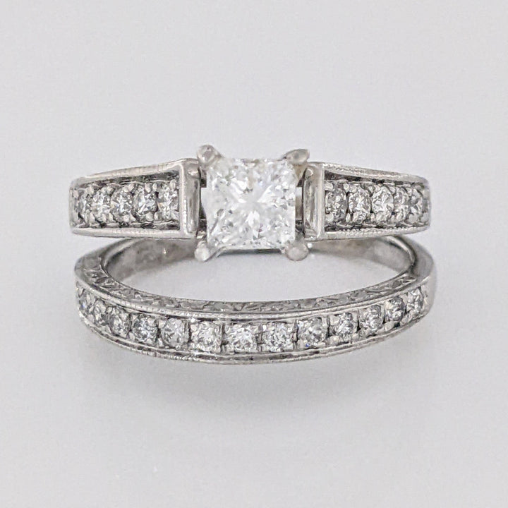 14K WHITE 1.04 CARAT TOTAL WEIGHT I2 G DIAMOND PRINCESS CUT WITH (27) MELEE RING/ BAND ESTATE SET 5.9 GRAMS