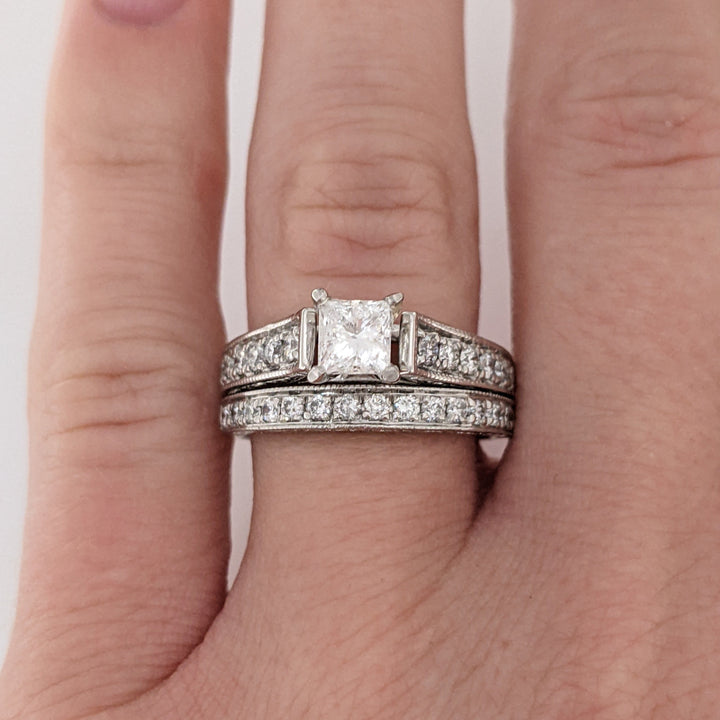 14K WHITE 1.04 CARAT TOTAL WEIGHT I2 G DIAMOND PRINCESS CUT WITH (27) MELEE RING/ BAND ESTATE SET 5.9 GRAMS