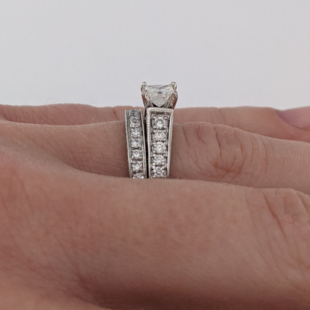 14K WHITE 1.04 CARAT TOTAL WEIGHT I2 G DIAMOND PRINCESS CUT WITH (27) MELEE RING/ BAND ESTATE SET 5.9 GRAMS