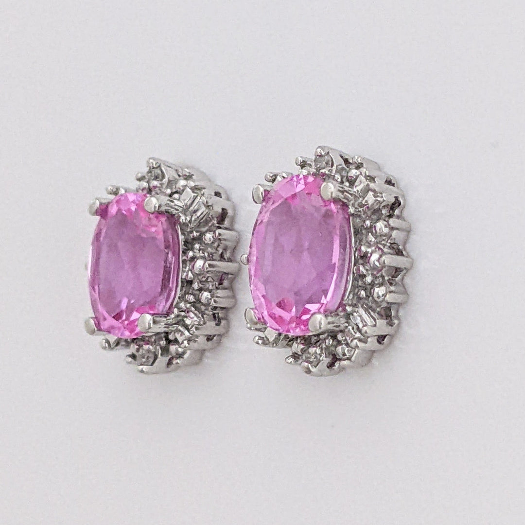 10K WHITE LAB-CREATED PINK SAPPHIRE OVAL 6X8 WITH (8) MELEE ESTATE EARRINGS 2.7 GRAMS