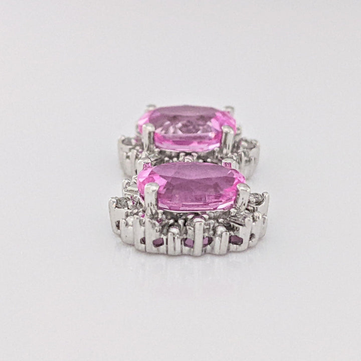 10K WHITE LAB-CREATED PINK SAPPHIRE OVAL 6X8 WITH (8) MELEE ESTATE EARRINGS 2.7 GRAMS