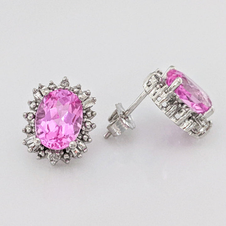 10K WHITE LAB-CREATED PINK SAPPHIRE OVAL 6X8 WITH (8) MELEE ESTATE EARRINGS 2.7 GRAMS
