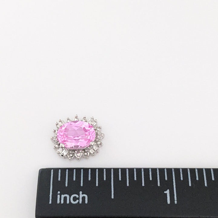 10K WHITE LAB-CREATED PINK SAPPHIRE OVAL 6X8 WITH (8) MELEE ESTATE EARRINGS 2.7 GRAMS