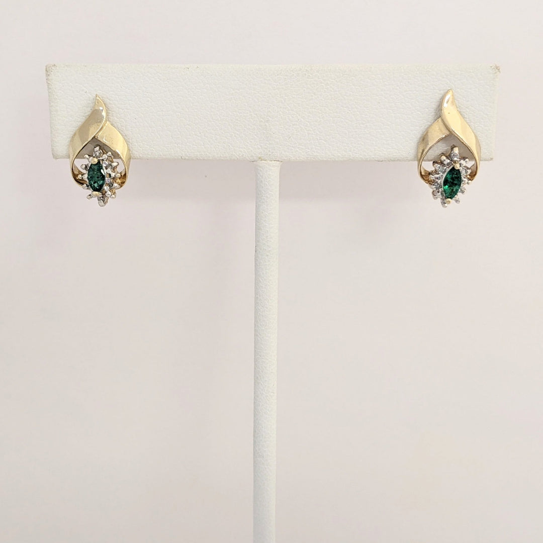 14K EMERALD MARQUISE 2.5X5 WITH (12) MELEE ESTATE EARRINGS 2.5 GRAMS