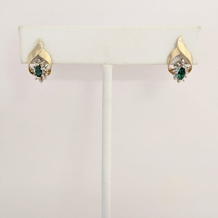 14K EMERALD MARQUISE 2.5X5 WITH (12) MELEE ESTATE EARRINGS 2.5 GRAMS