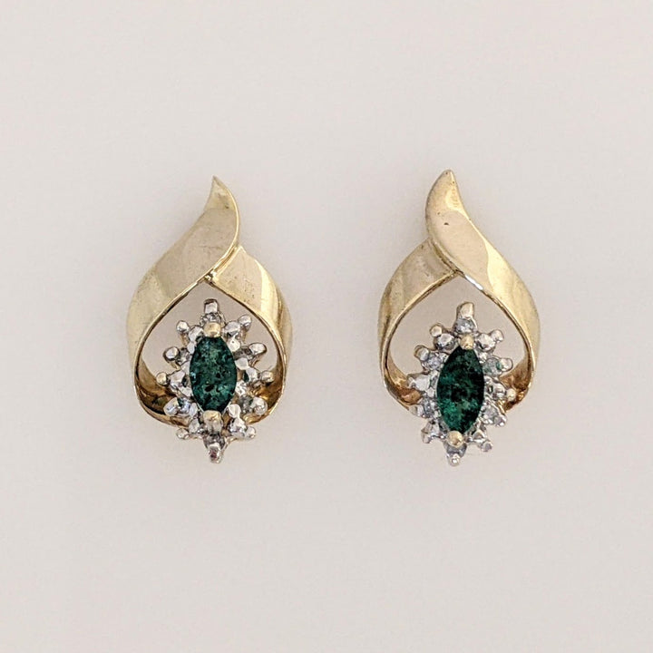 14K EMERALD MARQUISE 2.5X5 WITH (12) MELEE ESTATE EARRINGS 2.5 GRAMS