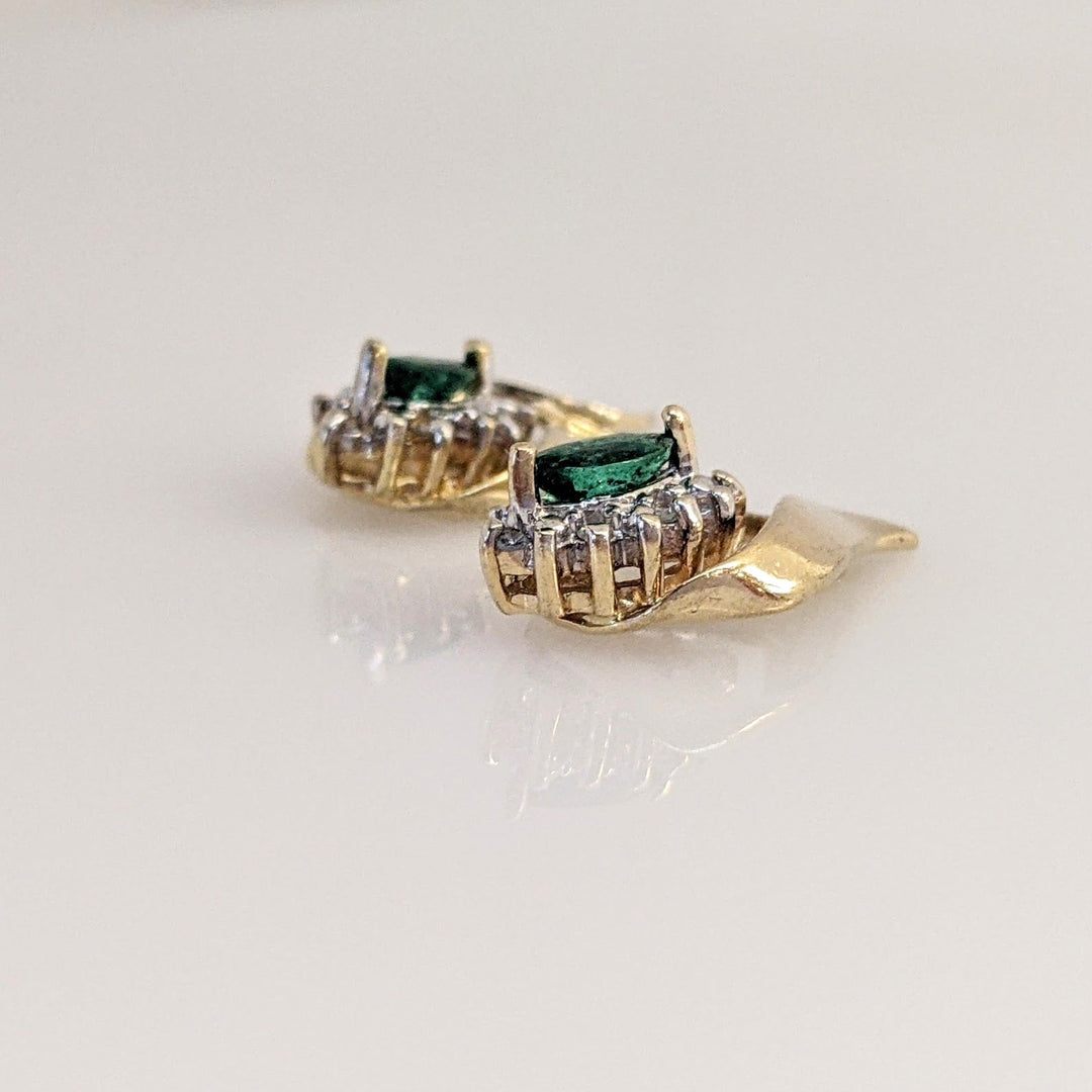 14K EMERALD MARQUISE 2.5X5 WITH (12) MELEE ESTATE EARRINGS 2.5 GRAMS