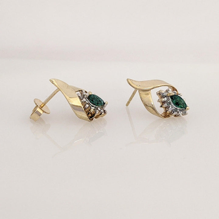 14K EMERALD MARQUISE 2.5X5 WITH (12) MELEE ESTATE EARRINGS 2.5 GRAMS