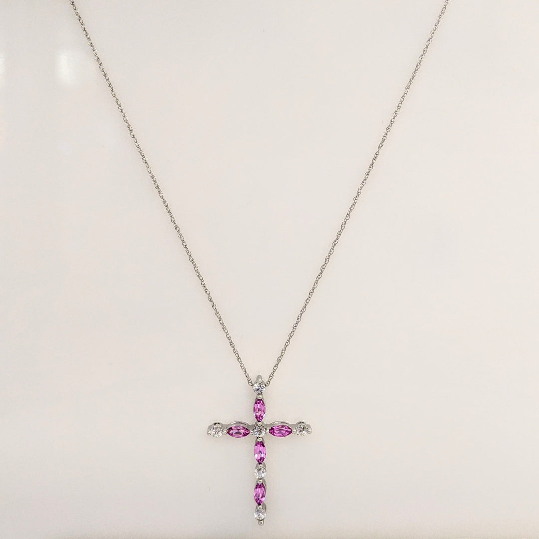 10K WHITE PINK/WHITE SAPPHIRE ESTATE CROSS PENDANT & CHAIN 2.7 GRAMS