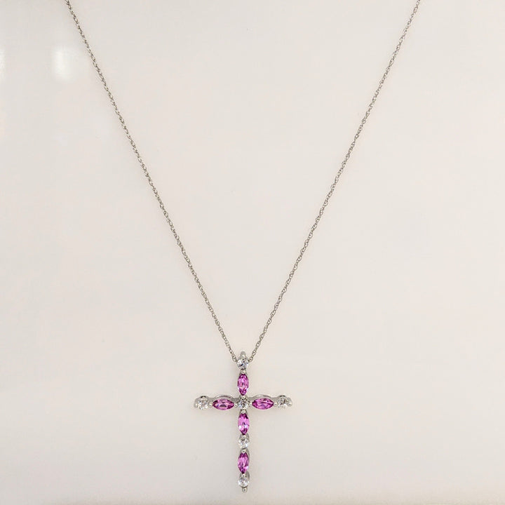 10K WHITE PINK/WHITE SAPPHIRE ESTATE CROSS PENDANT & CHAIN 2.7 GRAMS