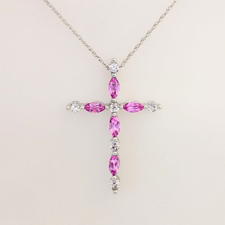 10K WHITE PINK/WHITE SAPPHIRE ESTATE CROSS PENDANT & CHAIN 2.7 GRAMS