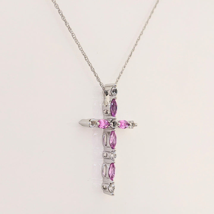 10K WHITE PINK/WHITE SAPPHIRE ESTATE CROSS PENDANT & CHAIN 2.7 GRAMS
