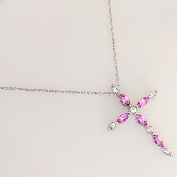 10K WHITE PINK/WHITE SAPPHIRE ESTATE CROSS PENDANT & CHAIN 2.7 GRAMS