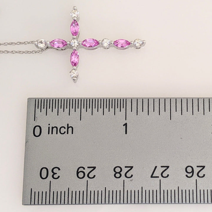 10K WHITE PINK/WHITE SAPPHIRE ESTATE CROSS PENDANT & CHAIN 2.7 GRAMS